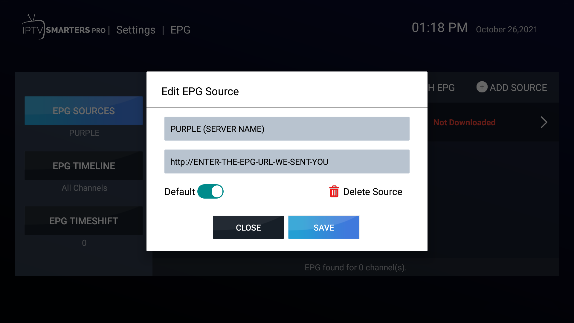 10. SMARTERS RENAME THE EPG TO YOUR SERVER, SELECT DEFAULT, AND SAVE